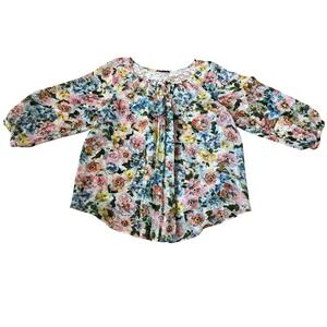 Yoke Blouse Sheer Womens Large Floral Lace Butterfly Print Top Multicolor
